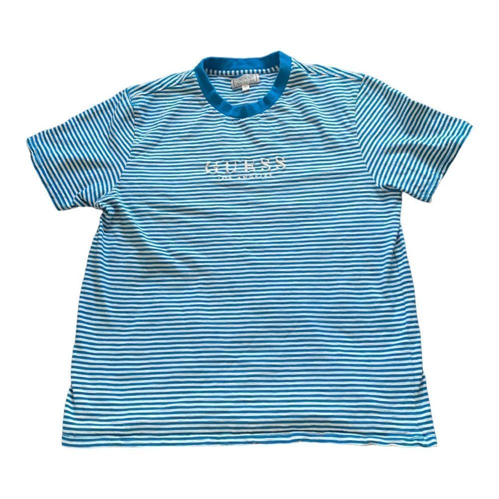 Guess Men's Blue & White Striped Short Sleeve Tee
